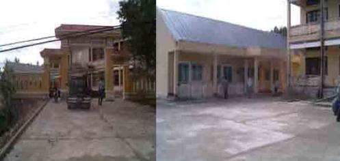 Two images of buildings side by side. The left shows a two-story structure with a vehicle in the driveway, while the right features a single-story building with a tiled roof and bicycles parked outside.