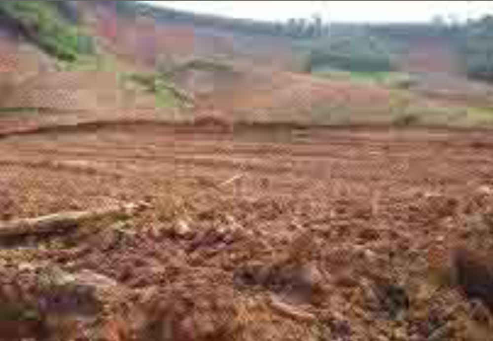 A cleared landscape with brown soil, patches of green vegetation, and a backdrop of barren hills under a cloudy sky.