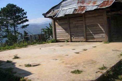 A weathered, corrugated metal-roofed building with wooden walls stands in a rural area. The foreground features a concrete area with patches of greenery. A tree and mountains are visible in the background.