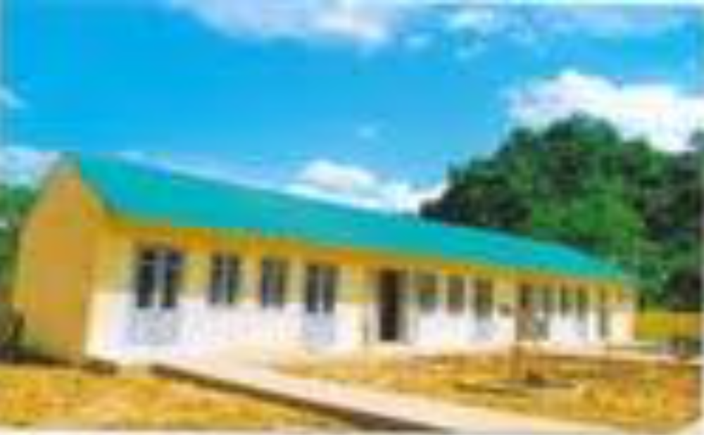 Single-story yellow building with a green roof, featuring several white doors and windows, sits under a clear blue sky with some trees in the background. A concrete path leads to the building's entrance.