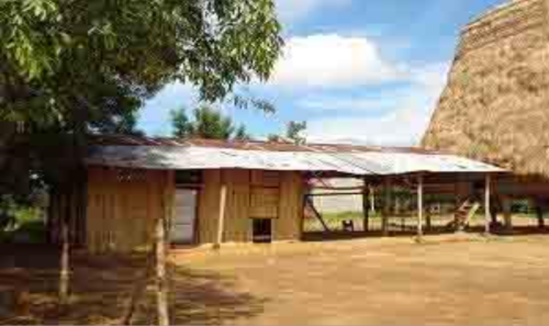 A simple thatched-roof structure with some wooden walls stands in a rural setting under a partly cloudy sky, with trees surrounding it and a dirt ground in front.