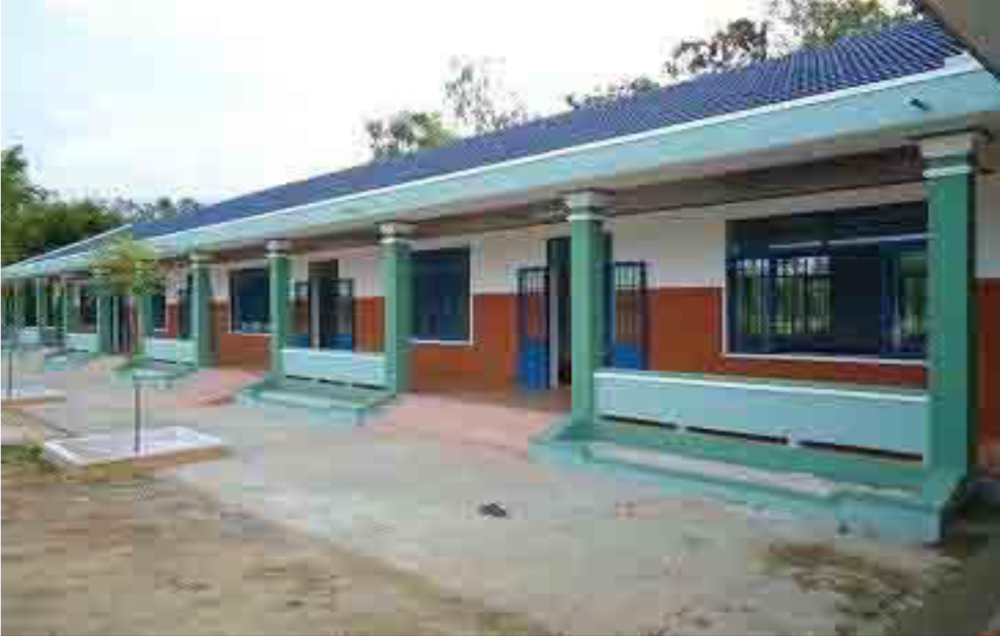 A single-story building with a blue roof and green pillars, featuring multiple doors and windows, stands in front of a paved area with some vegetation.