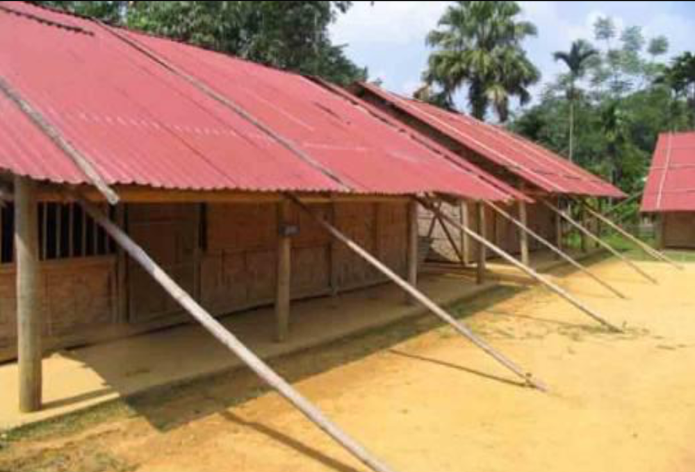 Simple buildings with red roofs supported by wooden poles, set on a dirt ground with tropical trees in the background.