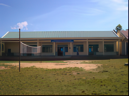 A single-story building with a green roof and beige walls, featuring a large central sign and a volleyball net in the front yard against a clear sky.