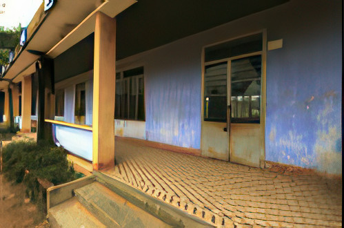 A photo of an abandoned building with blue walls and barred windows. The entrance has a tiled floor with one door ajar, leading to an overgrown exterior area.