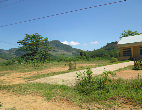 A concrete path leads to a single-story building with a light-colored roof amidst a grassy field, with hills and clear skies in the background. Power lines are visible overhead.