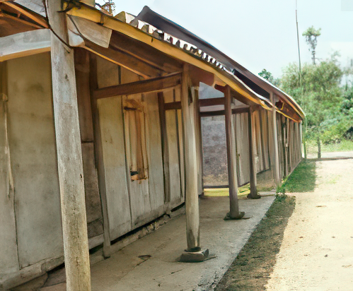 A weathered, single-story building with a slanted roof, wooden pillars, and concrete walls stands in a rural setting with a dirt path and greenery in the background.