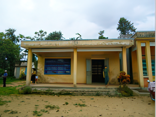 A small, single-story, yellow building with blue windows and an open door, surrounded by trees and a dirt ground.