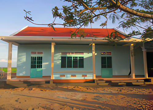 A single-story house with a red roof, light blue walls, teal doors and windows, and a porch, viewed from under a tree branch.