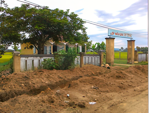 A rural entrance with a Vietnamese sign above, leading to a gated area with a house and trees. Dirt road and ditch are in the foreground. Fields are visible in the background.