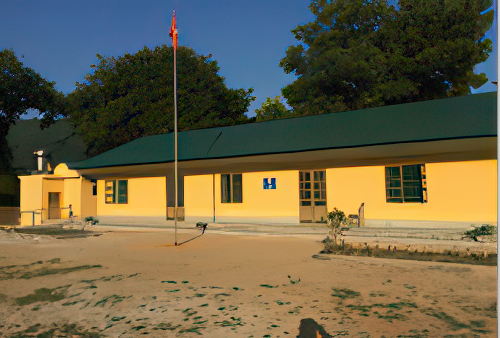 Yellow single-story building with a green roof, surrounded by trees. A flagpole with a flag stands in front. There are various entrances and windows along the building's face.