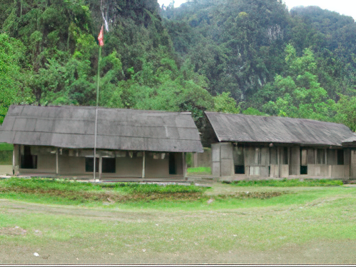 Two single-story buildings with thatched roofs on a grassy area, surrounded by dense green foliage and a flagpole with a flag.