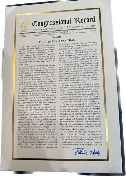 Congressional Record - Tribute to Ca Van Tran and VNAH