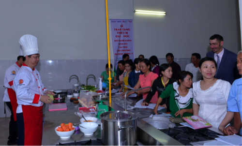 Nursing students studying with modern replica/models provided by ASHA projectPersons with Disabilities learn cooking skills at a hospitality facility supported by ASHA