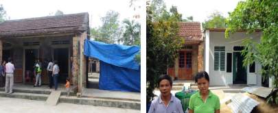 Two side-by-side images show houses and people outside. The left house appears older with a blue tarp, while the right house looks newer. Two individuals, a man and a woman, stand in front of the right house.