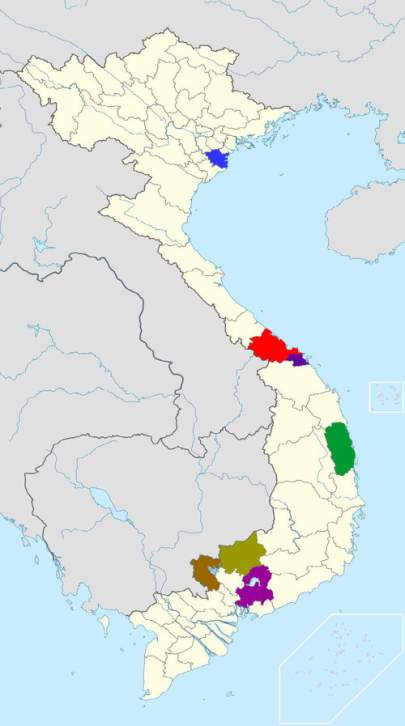 A map of Vietnam showing the country's provinces, with specific regions highlighted in blue, red, green, brown, and purple.